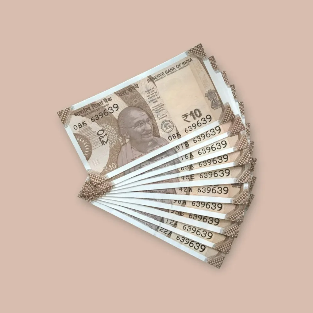 Rs 10/- India Bank Note Semi Fancy 10 Note Same Number Set 639639 Unique and Rare