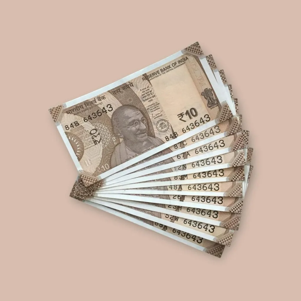 Rs 10/- India Bank Note Semi Fancy 10 Note Same Number Set 643643 Unique and Rare