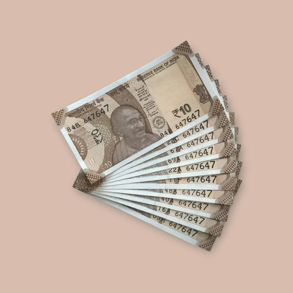 Rs 10/- India Bank Note Semi Fancy 10 Note Same Number Set 647647 Unique and Rare
