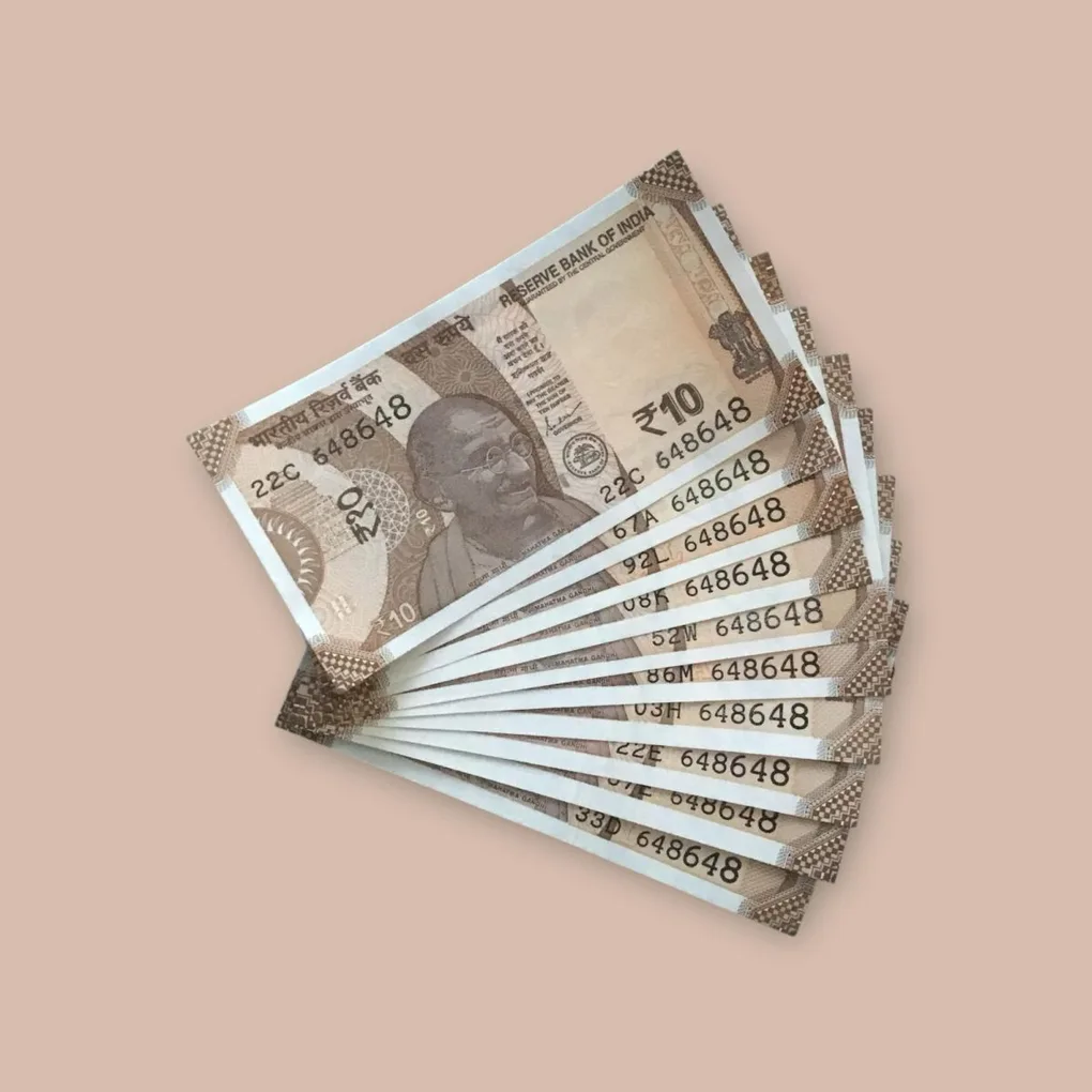 Rs 10/- India Bank Note Semi Fancy 10 Note Same Number Set 648648 Unique and Rare