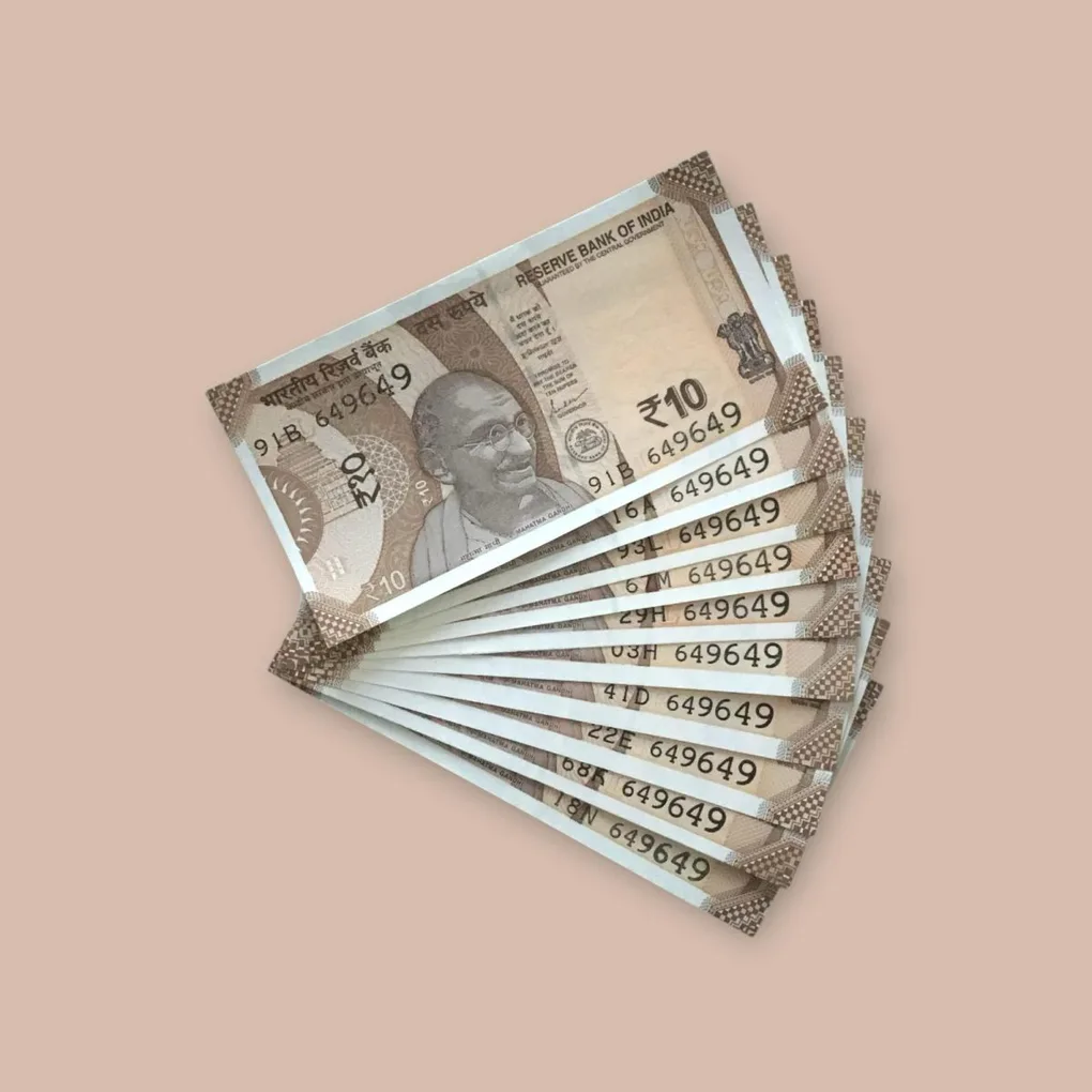 Rs 10/- India Bank Note Semi Fancy 10 Note Same Number Set 649649 Unique and Rare