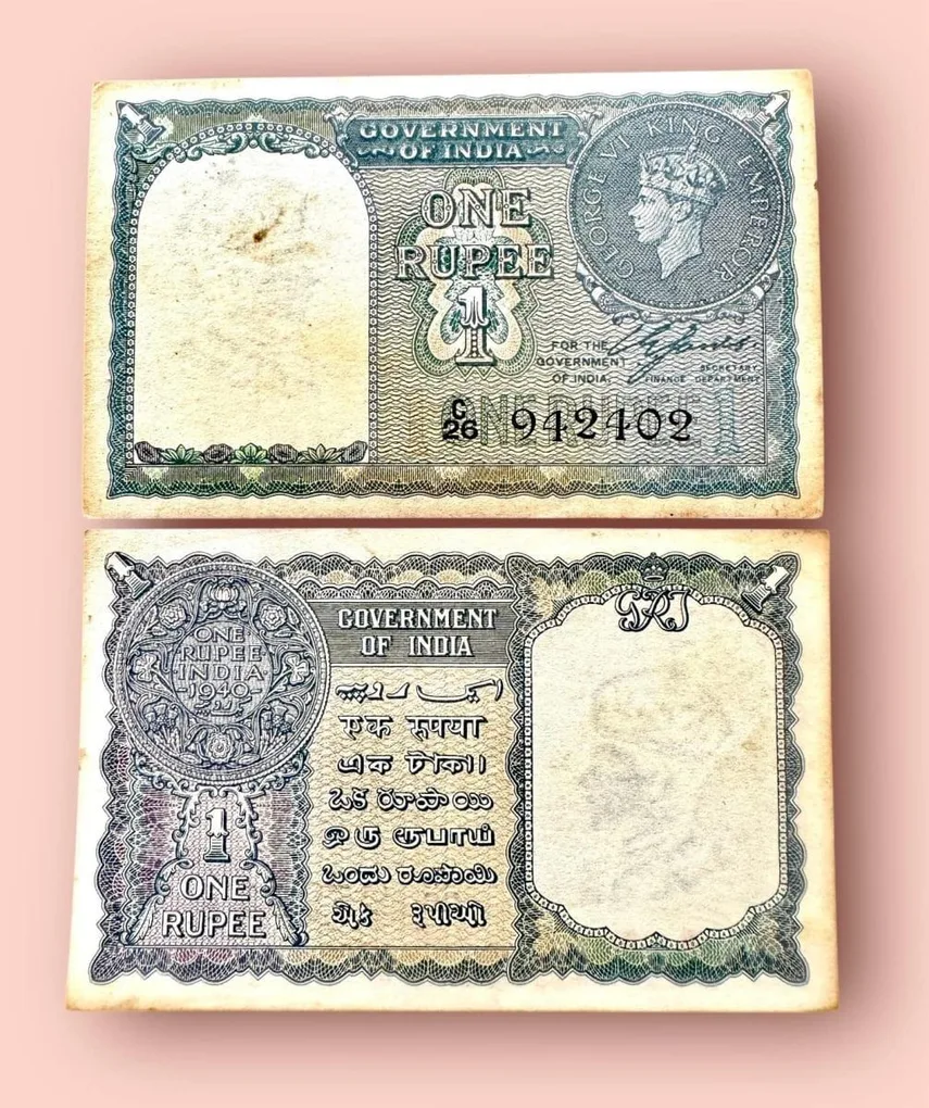 Re 1 British India Banknote 1940 Black Series King George VI Collectible Quality 942402 Burma Issue Unique and Rare Issue