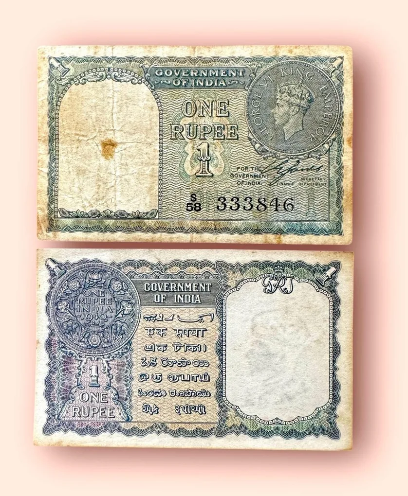 Re 1 British India Banknote 1940 Black Series King George VI Collectible Quality 333846 Burma Issue Unique and Rare Issue