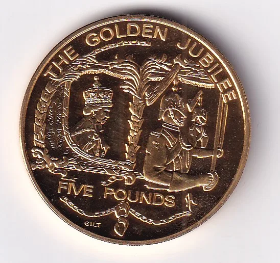 United Kingdom, Guernsey 5 Pounds 2002 - Elizabeth II Golden Jubilee Commemorative issue Rare Gold Plated Coin #M-136