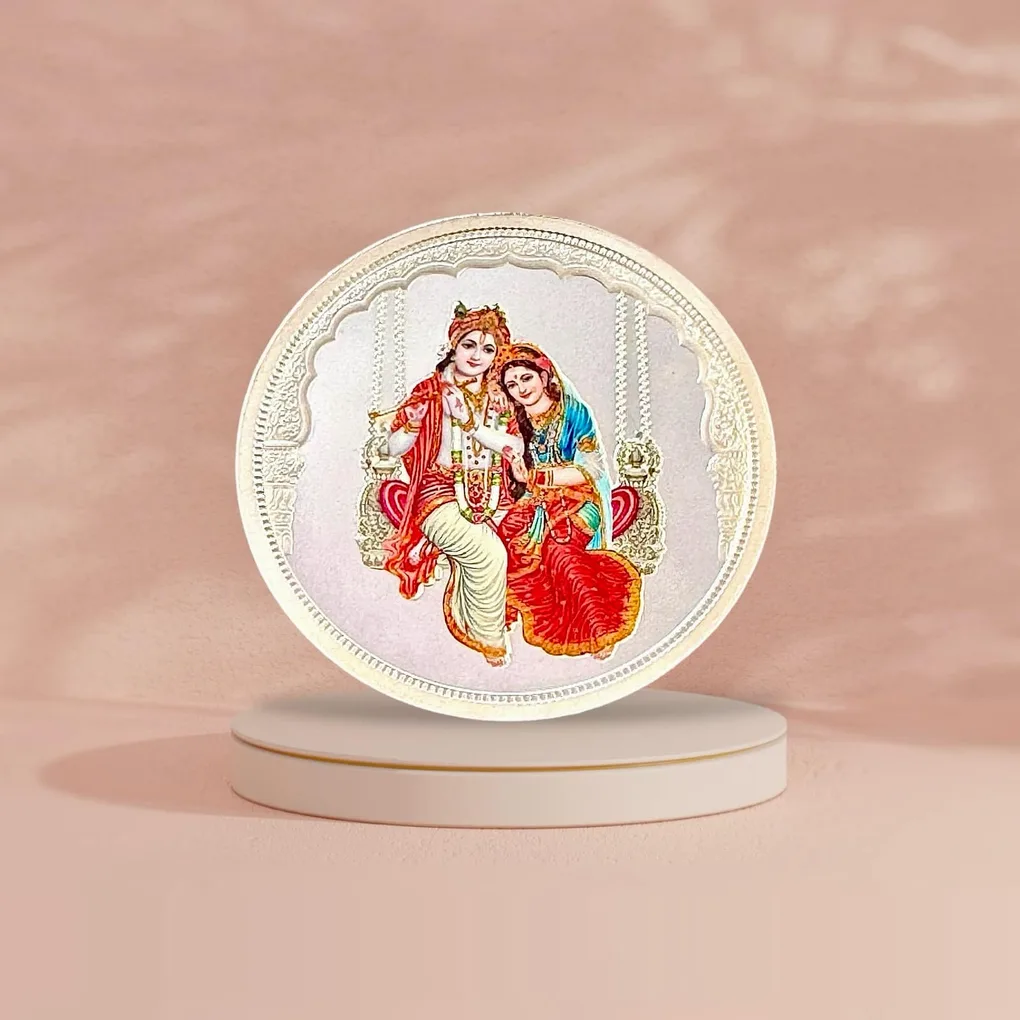 50 Gram Pure 999 Silver Color Coin Krishna Radha Shubh Labh Very Unique and Rare