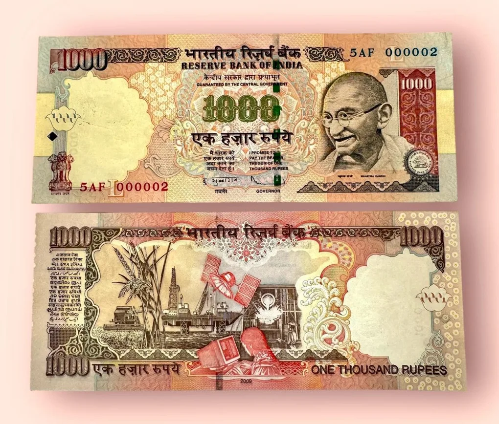 Rs 1000 India Banknote Low Serial Number 000002 Small Font Issue GEM UNC Unique and Rare