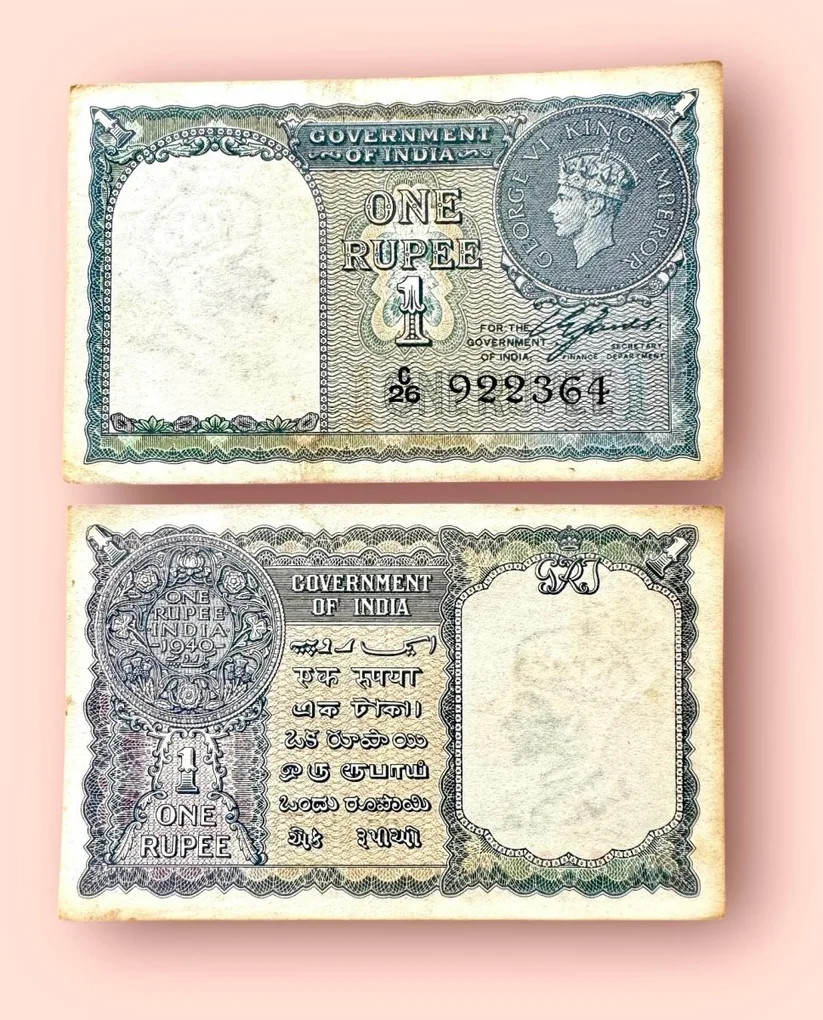Re 1 British India Banknote 1940 Black Series King George VI Collectible Quality 922364 Burma Issue Unique and Rare Issue