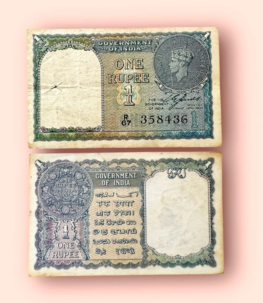 Re 1 British India Banknote 1940 Black Series King George VI Collectible Quality 358436 Unique and Rare Issue