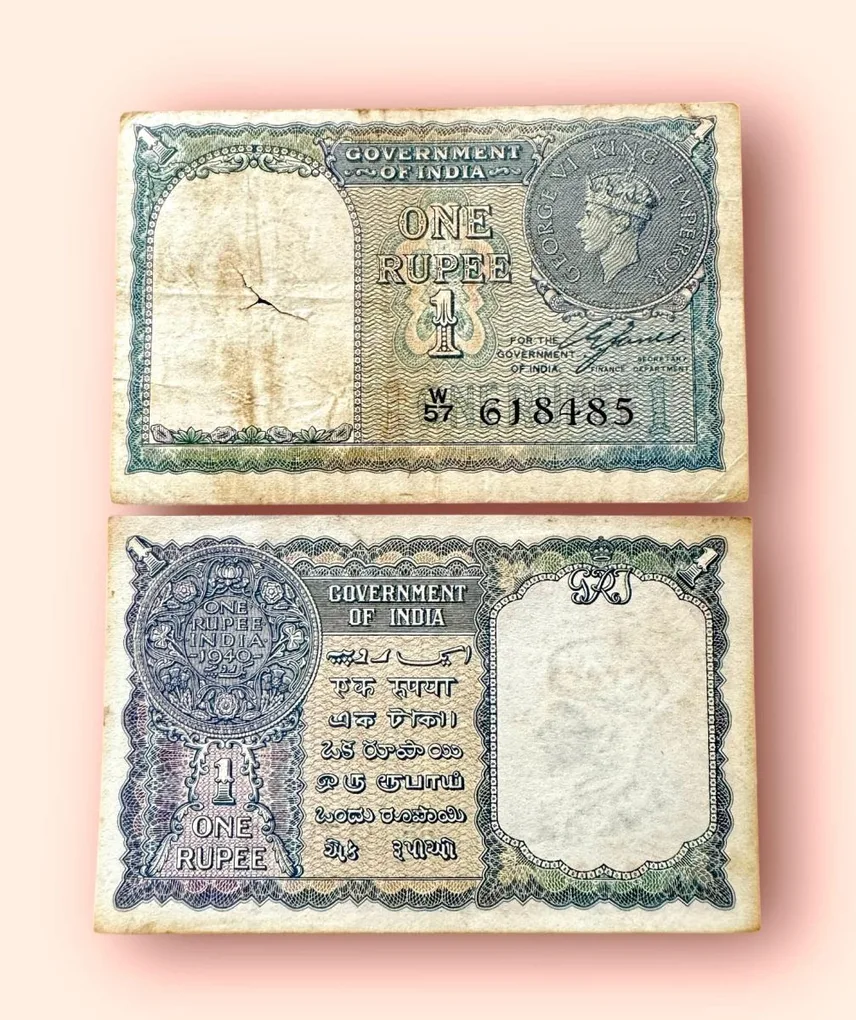 Re 1 British India Banknote 1940 Black Series King George VI Collectible Quality 618485 British India Issue Unique and Rare Issue