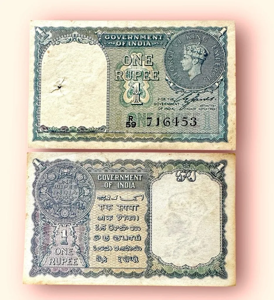 Re 1 British India Banknote 1940 Black Series King George VI Collectible Quality 716153 Burma Issue Unique and Rare Issue