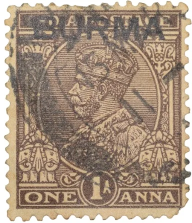 Postal Stamp of George V 1 Anna Brown Colour Over Printed in Black 'Burma' Used Condition as per Image.