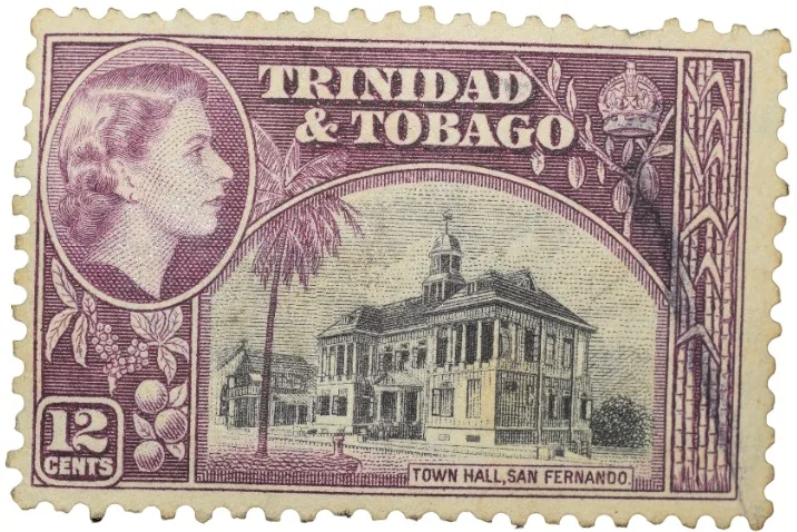 Postal Stamp of Trinidad & Tobago of Elizabeth II - 10 Cents Black-Purple Colour - Town Hall, San Fernando - Used Condition as per Image.