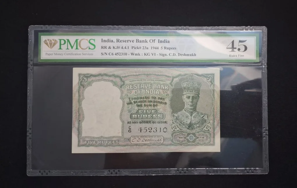 Rare 5 Rupee KGVI D-3 C.D. Deshmukh Issued  PMCS Graded Note 45 Jumbling Number C6 452310