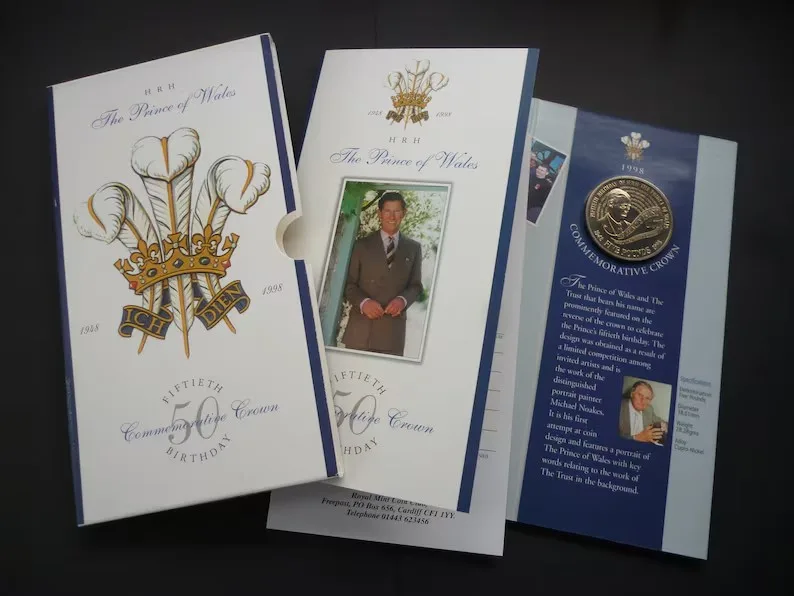 United Kingdom 1998 Royal Mint Five Pounds Coin (Crown) pack issued to commemorate the 50th Birthday of Prince Charles.
