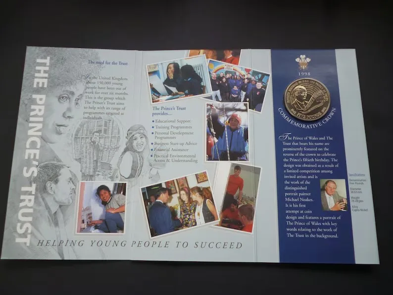 United Kingdom 1998 Royal Mint Five Pounds Coin (Crown) pack issued to commemorate the 50th Birthday of Prince Charles.