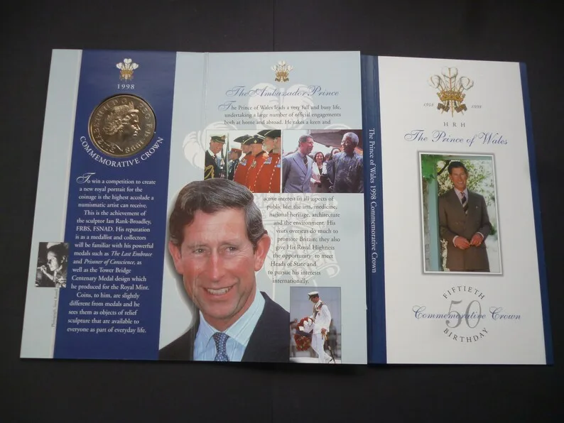 United Kingdom 1998 Royal Mint Five Pounds Coin (Crown) pack issued to commemorate the 50th Birthday of Prince Charles.