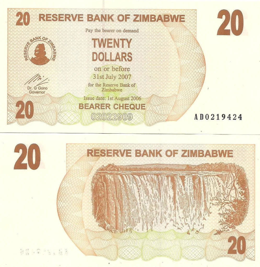 20 Dollars of Zimbabwe Country (AD 2006) with Victoria Falls on Zambezi River