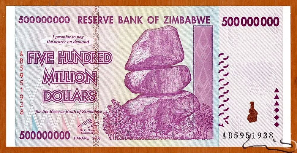 500000000(500 Million) Dollars of Zimbabwe Country (AD 2008) Chiremba Balancing Rocks in Matopos National Park/Dairy farming – milking cows, and Miner
