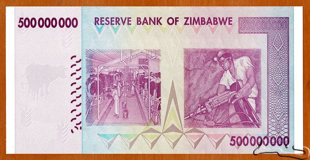 500000000(500 Million) Dollars of Zimbabwe Country (AD 2008) Chiremba Balancing Rocks in Matopos National Park/Dairy farming – milking cows, and Miner