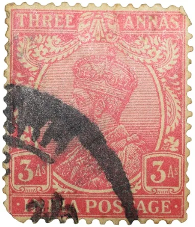 Postal Stamp of George V 3 Annas Pink-Red Colour - Used Condition as per Image.