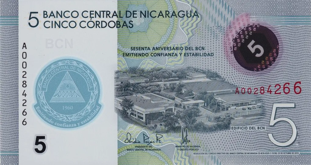 Polymer 5 Cordobas of Nicaragua Country (AD 2019-2020) Commemorative issue - 60th Anniversary of the Central Bank of Nicaragua