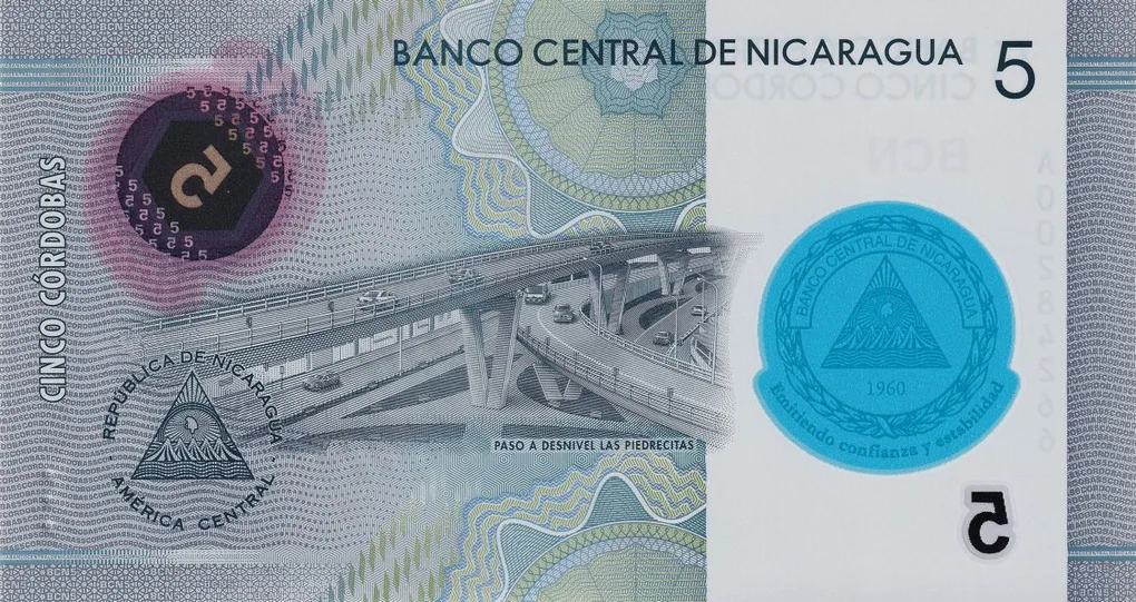Polymer 5 Cordobas of Nicaragua Country (AD 2019-2020) Commemorative issue - 60th Anniversary of the Central Bank of Nicaragua