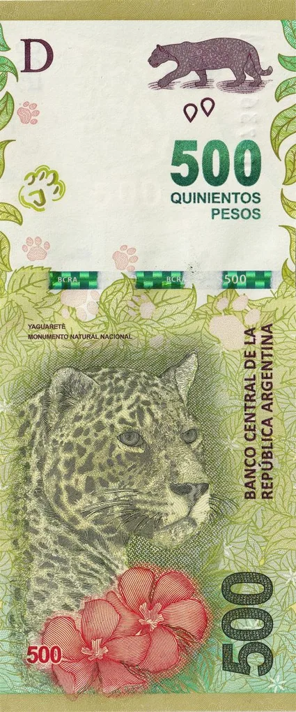 500 Pesos of Argentina (AD 2016-2022) with Jaguar (panthera onca), flower/Jaguar cub, Yungas jungle, UNC Grade.