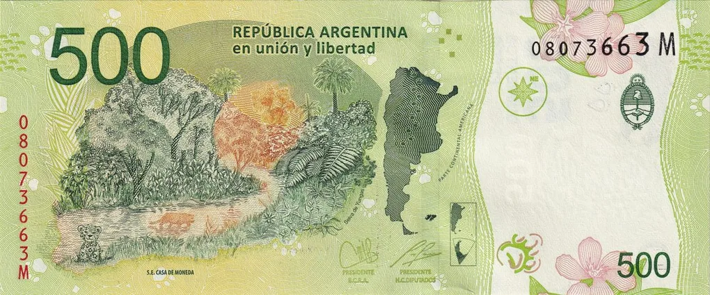 500 Pesos of Argentina (AD 2016-2022) with Jaguar (panthera onca), flower/Jaguar cub, Yungas jungle, UNC Grade.