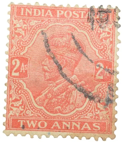 Postal Stamp of George V 2 Annas Orange-Red Colour - Used Condition as per Image.