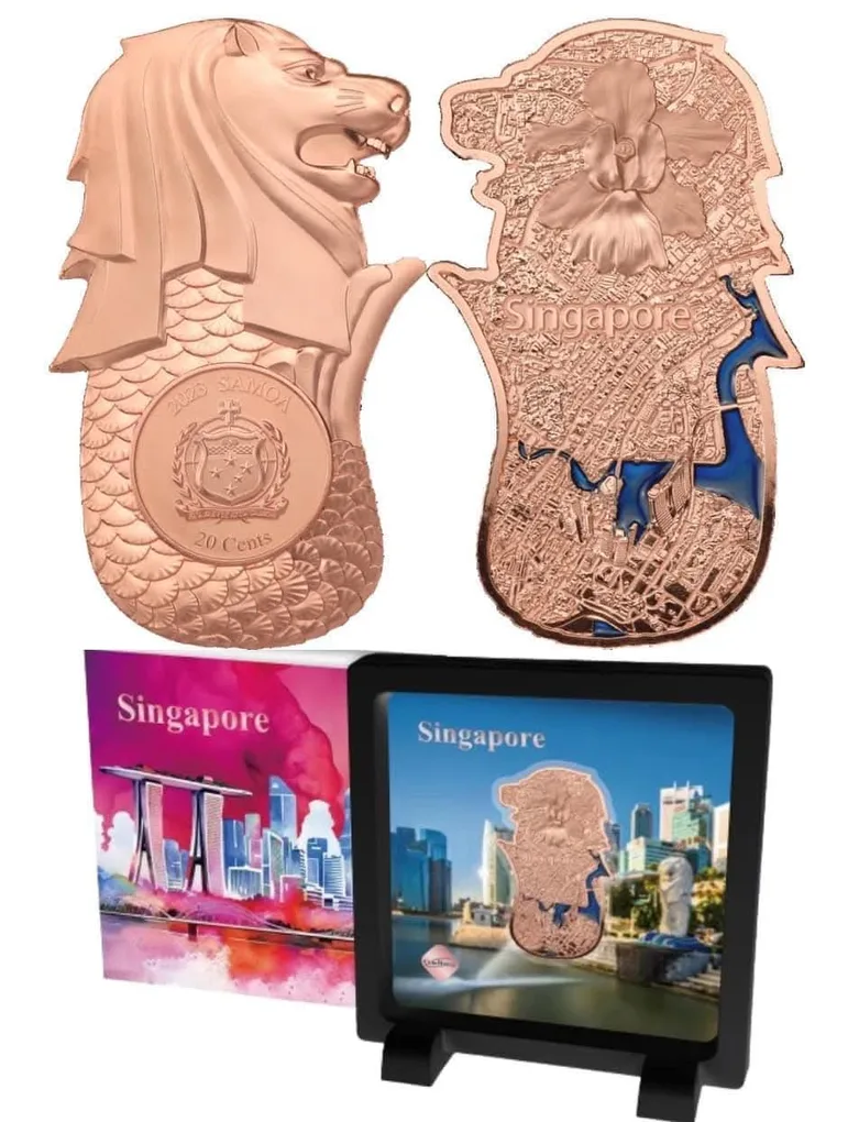 2023 Samoa -Singapore 20 cent enamel fish tail lion shaped copper coin with box