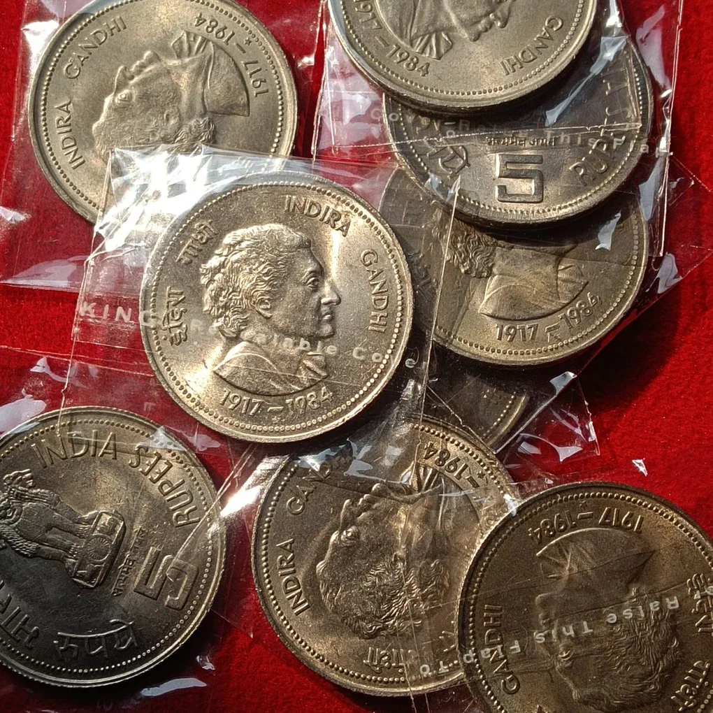 Five Rs Copper Nickel Indra Gandhi ji Big Coin Gem Bunc Condition Hyderabad Mint 1 Pcs Given