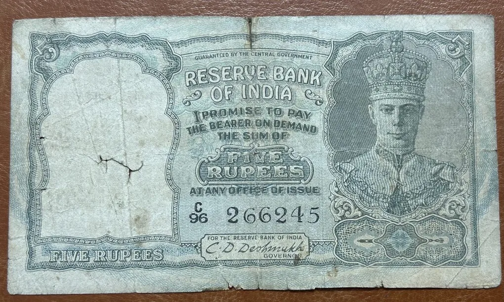 British India 5 Ruppes George Six Governor C. D. Deshmukh Very Rare Note