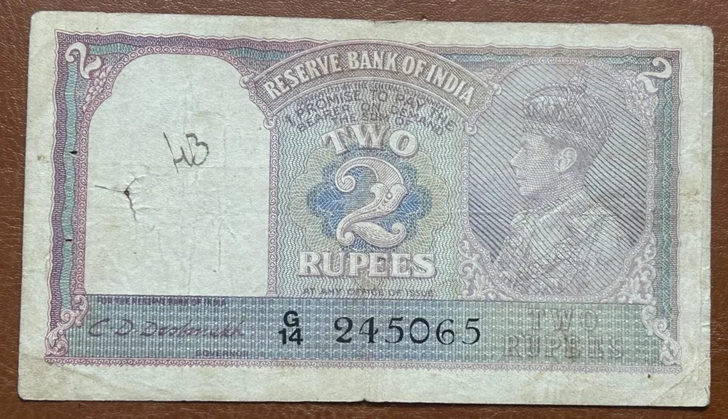British India 2 Ruppes George Six Governor C. D. Deshmukh Very Rare Note