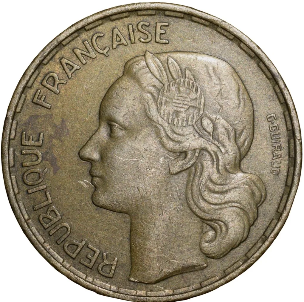 Old Brass 50 Francs of France Country (AD 1952) with Rooster Scarce