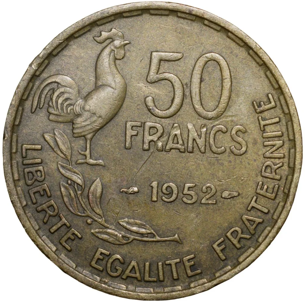 Old Brass 50 Francs of France Country (AD 1952) with Rooster Scarce