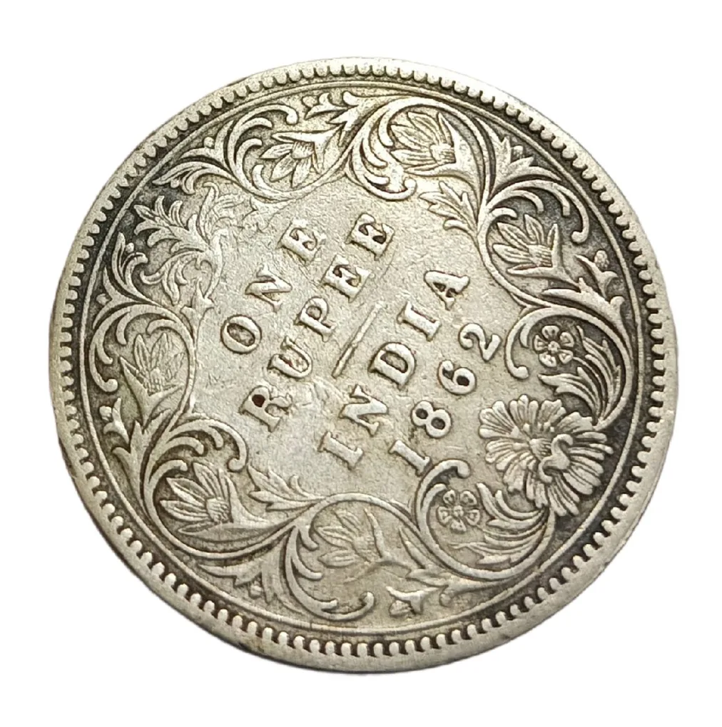 British India Silver Rupee Year 1862 Queen Victoria with Clock Rotation Error **Scare** Collectable Grade.