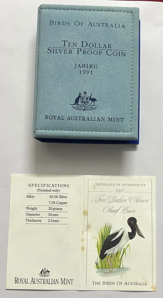 1991 Birds of Australian $10 Ten Dollar 'Jabiru' - Silver Proof Coin 20g