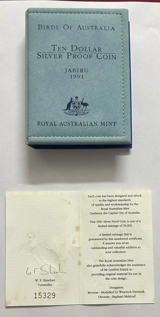 1991 Birds of Australian $10 Ten Dollar 'Jabiru' - Silver Proof Coin 20g