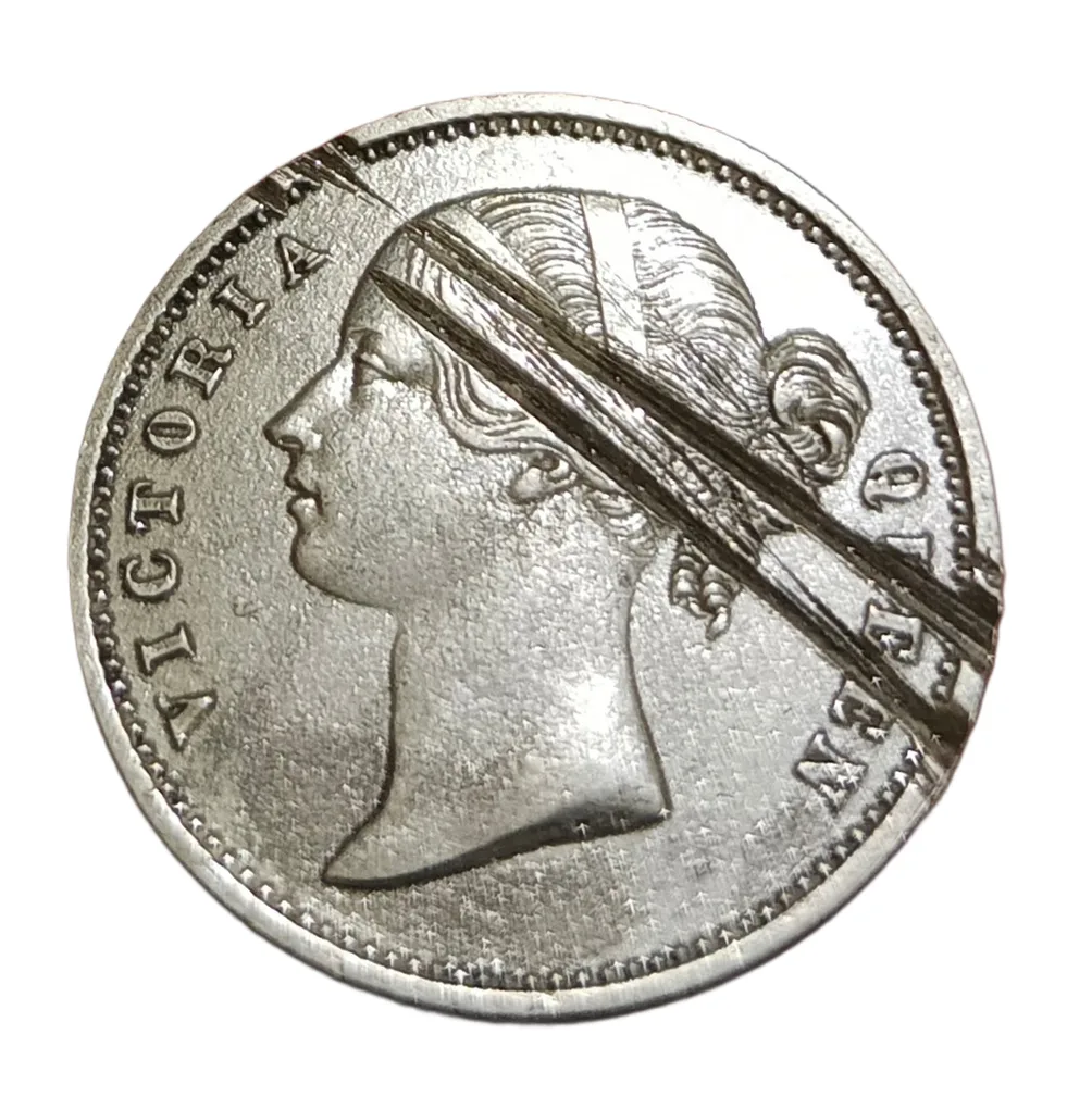 British India "East India Company" Silver 1/2 Rupee Year 1840 Queen Victoria Divided Legend **V. Scare** Collectable Damaged Condition.