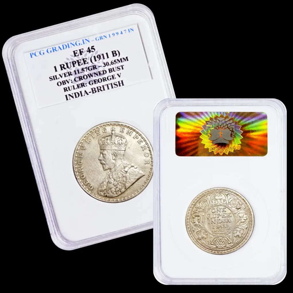 Extremely Rare One Rupee 1911 George V King Emperor Famous Pig Variety Coin Pcg Graded Ef 45