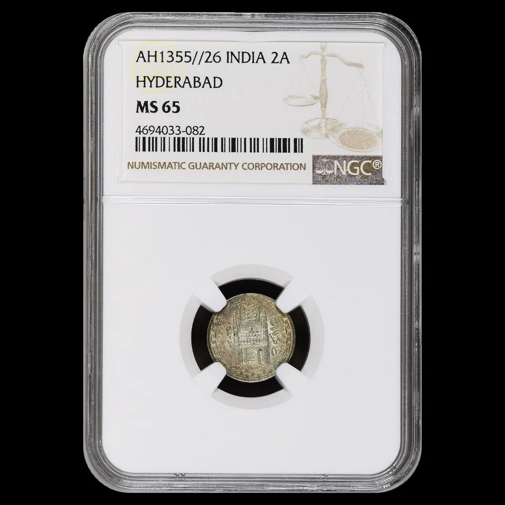Exteremly Rare Mir Usman Ali Khan Silver Two Annas Coin Graded By NGC MS 65