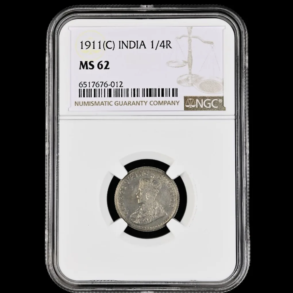 Extremely Rare 1/4 Rupee 1911 of George V King NCG Graded MS62 British India Coin of Calcutta Mint