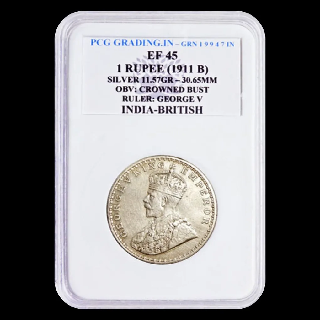 Extremely Rare One Rupee 1911 George V King Emperor Famous Pig Variety Coin Pcg Graded Ef 45