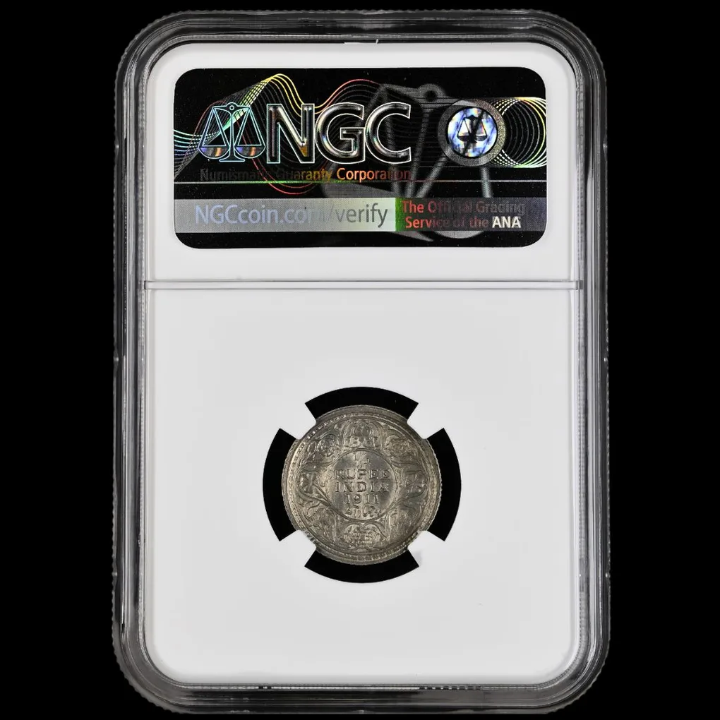 Extremely Rare 1/4 Rupee 1911 of George V King NCG Graded MS62 British India Coin of Calcutta Mint