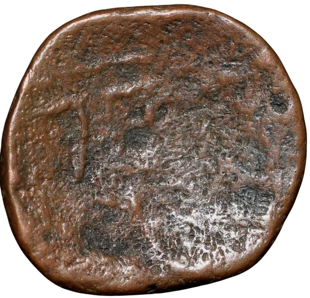 Copper Coin of Thanjavur Nayaka's (17th - 18th Cen. AD) with Deity Seated facing/Achuta Script