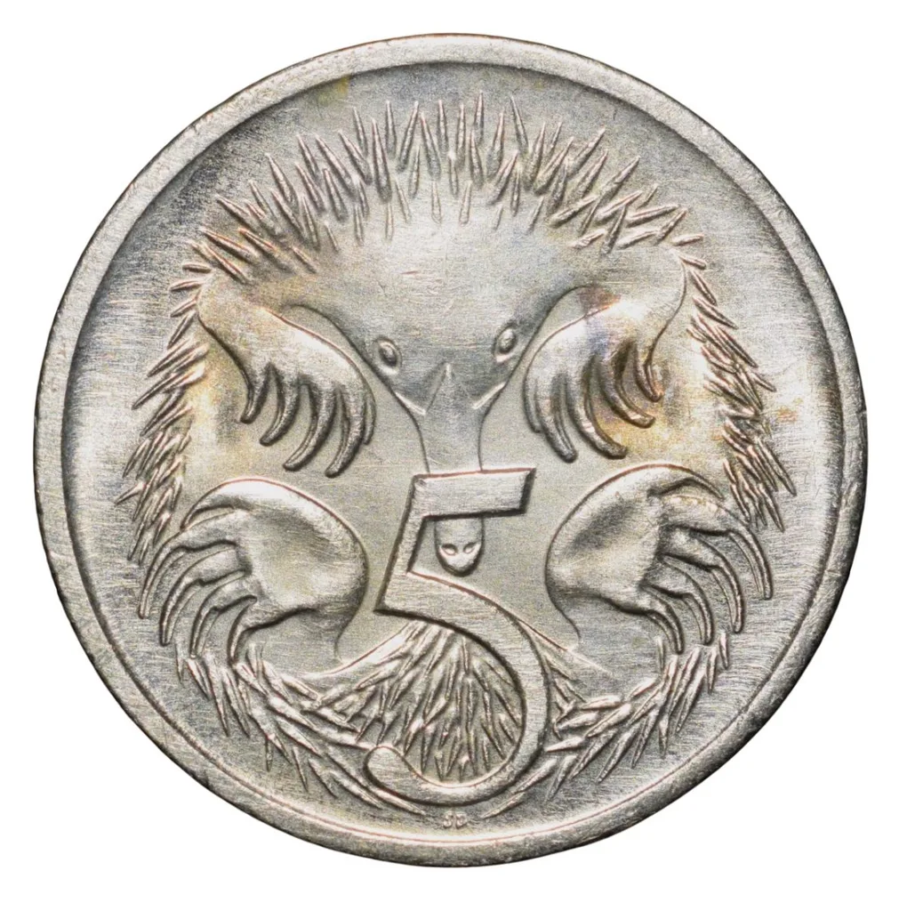 Nickel 5 Cents of Elizabeth II (AD 2000) from Australia with An Echidna (Ant Eater) About UNC Grade