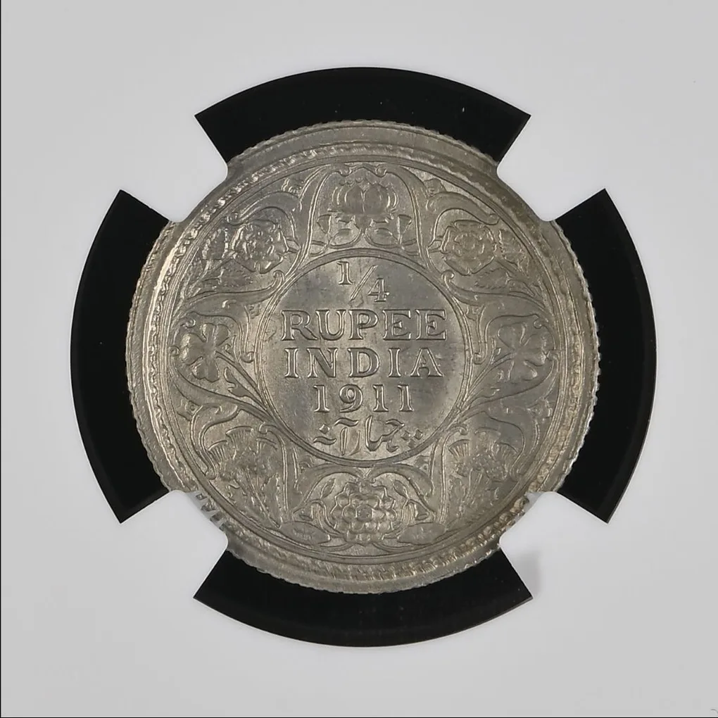 Extremely Rare 1/4 Rupee 1911 of George V King NCG Graded MS62 British India Coin of Calcutta Mint