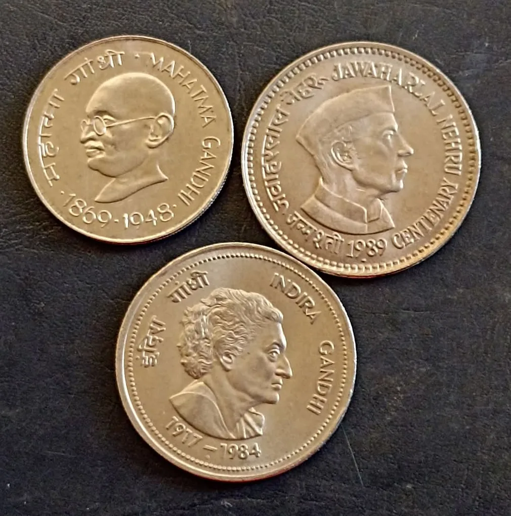 India 3 different rupees. Father of nation Mahatma Gandhi First prime minister of India Jawaharlal Nehru Indira Gandhi Metal coper nickel 3 piece given. Same and similar piece available