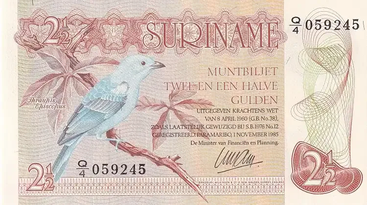 2 1/2 Gulden of Suriname Old 1973-1978 Rare Unc Note