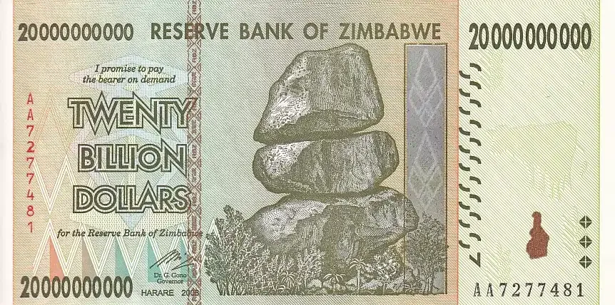 20 Billion Dollars Zimbabwe High Denomination Rare Note